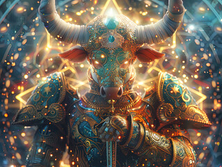 Poster - Medieval knight in armor. Portrait of gigantic cute Taurus deity warrior in a shining armor holding the pitcher. There is a geometric cosmic mandala zodiac style made of lights in the background