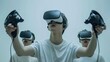 a pure white scene, three Asian men wearing casual clothes are back-to-back, wearing virtual reality devices on their heads and holding virtual reality devices in their hands, experiencing virtual rea
