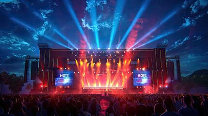Night-time lighting is colorful, wordless outdoor event stage design stage, with many people watching the stage and going wild, side angle view, good detailed 3d artwork
