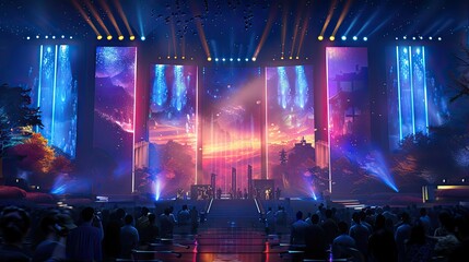 Night-time lighting is colorful, wordless outdoor event stage design stage, with many people watching the stage and going wild, side angle view, good detailed 3d artwork