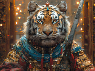 Poster - Medieval knight in armor. Portrait of gigantic cute tiger deity warrior in a shining armor holding the pitcher. There is a geometric cosmic mandala zodiac style made of lights in the background