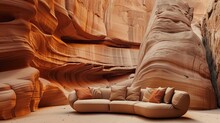 A Sofa Made Of Rock Located In The Desert, In The Style Of Layered Veneer Panels, Organic Stonework, Light Orange, Wallpaper, Flowing Lines, Immersive, Photo, Cinematic Texture. The Composition And To