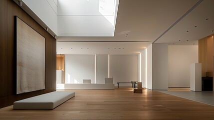 an empty room with a white wall and sculpture, in the style of meticulous lines, subtle lighting, contemporary tapestries, mori kei, design by architects, dark amber and white, linear and airy