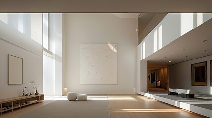 an empty room with a white wall and sculpture, in the style of meticulous lines, subtle lighting, contemporary tapestries, mori kei, design by architects, dark amber and white, linear and airy