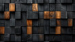Artistic wall of dark stained wood cubes with selective natural wood highlights.