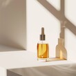 minimalist studio scene focused on a single, elegant bottle of herbal facial serum The bottle, with a pipette applicator, stands on a pristine white surface