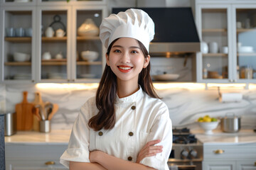 Sticker - Asian woman wearing chef uniform in luxury hotel restaurant kitchen