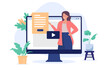 © Knut - Webinar - Computer screen with woman person holding lecture and online video course presentation with information document. Flat design vector illustration with white background