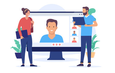 Aufkleber - Online meeting - Team of people having remote business meeting in office using computers, smiling and talking together. Digital teamwork concept in flat design vector illustration