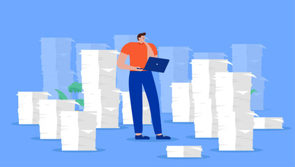 Poster - Paperwork and archiving - Office person standing with laptop with big stack of papers working and thinking. Lots of work concept in flat design vector illustration