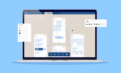 Fototapete - Website prototype and wireframes - Laptop computer screen with web page development and design sketch software. Flat design vector illustration in front view