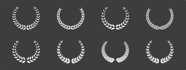 Wall Mural - Set of wreaths and branches with leaves. Simple black laurel wreath vector icon set. Award, success, champion sign