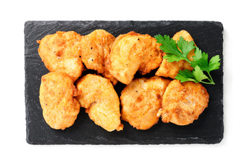 Wall Mural - Chicken breast fried in batter or nuggets with chili sauce. top view.  isolated on white background