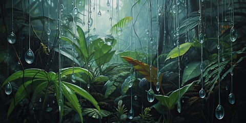 Wall Mural - Paint draw rain in the forest. Adventure explore nature outdoor background scene