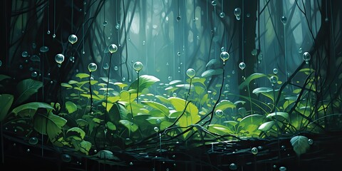 Wall Mural - Paint draw rain in the forest. Adventure explore nature outdoor background scene
