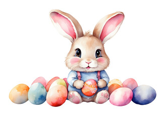 Wall Mural - Cute bunny with easter eggs, png illustration watercolor on transparent background, for your print, greeting card design, t-shirt design