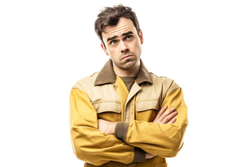 Wall Mural - Close up of male car mechanic emotionally irritated, angry, white background isolate.