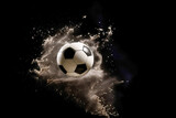 Fototapeta Sport - Soccer ball flies in the air from a kick, traces of trajectory, Dark background isolate.