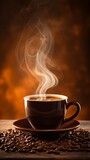 Fototapeta  - Steaming coffee cup on a brown background