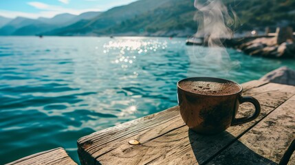 Canvas Print - Steaming coffee cup with a view of the sea bay