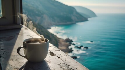 Canvas Print - Steaming coffee cup with a view of the sea bay