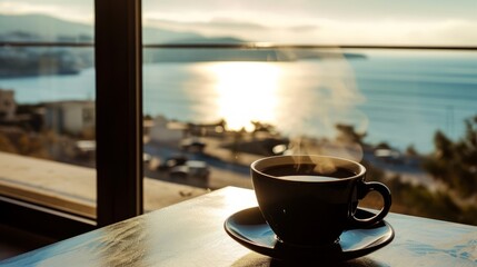 Canvas Print - Steaming coffee cup with a view of the sea bay