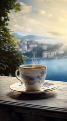 Wall Mural - Steaming coffee cup with a view of the sea bay