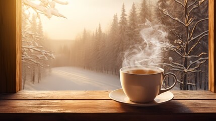 Canvas Print - Steaming coffee cup by the window with a winter landscape