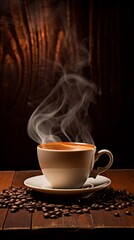 Wall Mural - Steaming coffee cup on a brown background 