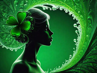 Silhouette woman with abstract pattern of clover and abstract spiral, green plant leaves in hair. St. Patrick's day.