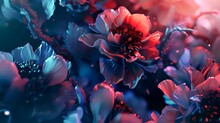 Abstract Floral Background With Red And Blue Flowers. 3d Render Illustration
