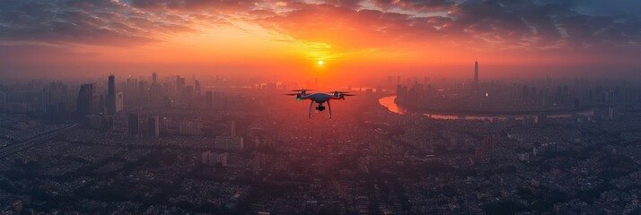 Wall Mural - Drone Flying over the cityscape with beautiful sunset