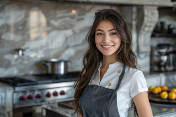 Sticker - Brunette woman wearing chef uniform in luxury hotel restaurant kitchen