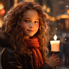 a young girl with an curly hair holding a candle