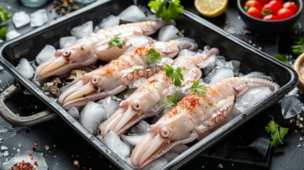 Wall Mural - Fresh Squid lay on Tray . cover with Ice.crop frame. Top view shot.