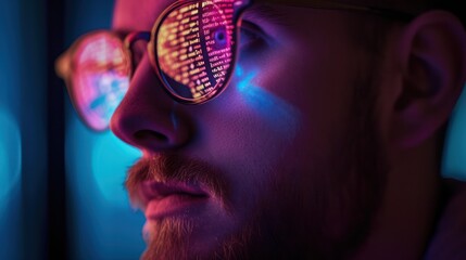 Developer with Computer Code Reflected from a Computer Screen