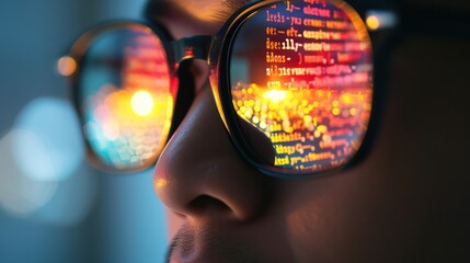 Developer with Computer Code Reflected from a Computer Screen