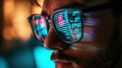 Developer with Computer Code Reflected from a Computer Screen