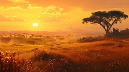 Canvas Print - Grassland In Golden Sunset