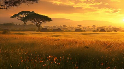 Canvas Print - Grassland In Golden Sunset