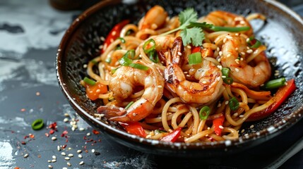 Wall Mural - Stir fry noodles with vegetables and shrimps