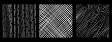 Graphic Vector Freehand Textures Set With Different Hand Drawn Squares Patterns. Pencil Lines On Black Background.