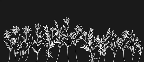 Wall Mural - Black silhouettes of grass, flowers and herbs isolated on white background. Hand drawn sketch flowers