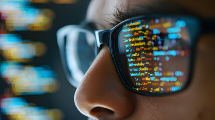 focused developer coder looking at programming code data cyber security digital tech reflecting in s