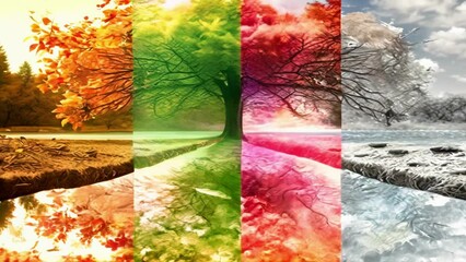 the four seasons in a tree reflected in the water of a lake. concept of weather changing and cycle o