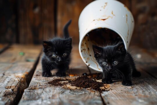 An overturned white cup on a wooden surface spills black coffee, magically transforming into adorable black kittens with curious expressions