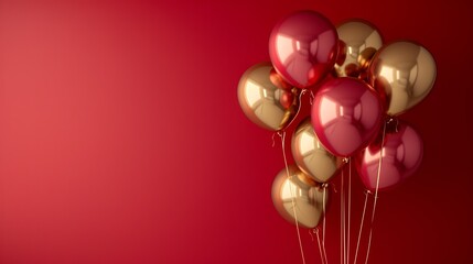 Wall Mural - A lively celebration: gold and black and red-pink helium balloons glitter on a red background. Suitable for birthdays, New Years, parties, weddings, Valentine's Day and celebration occasions.