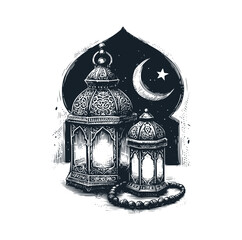 Poster - The Ramadan Greeting. The Lantern and Crescent Star. Black white vector illustration.