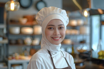 Sticker - Malay woman wearing chef uniform in luxury hotel restaurant kitchen
