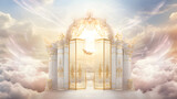 Fototapeta  - Serene Representation of Celestial Heaven with Divine Golden Gates amid Peaceful Clouds